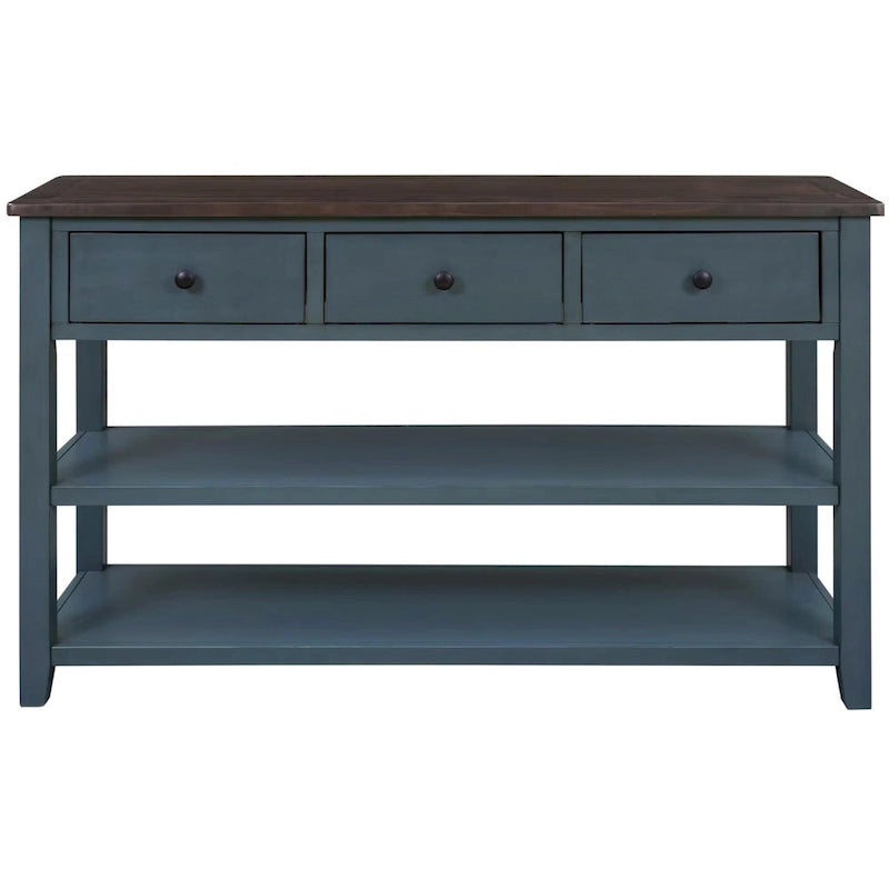 Retro Console Table Sofa Table with 2 Open Shelves and 3 Drawers, Pine Solid Wood Frame and Legs for Living Room, Entryway
