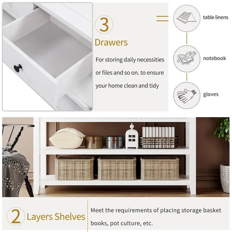 Retro Console Table Sofa Table with 2 Open Shelves and 3 Drawers, Pine Solid Wood Frame and Legs for Living Room, Entryway