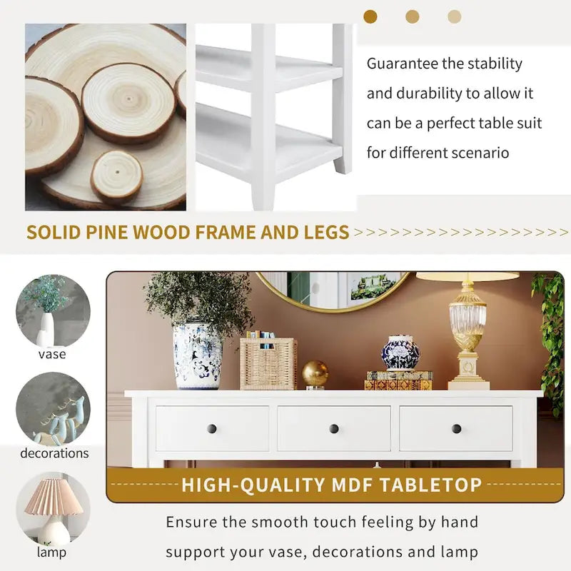 Retro Console Table Sofa Table with 2 Open Shelves and 3 Drawers, Pine Solid Wood Frame and Legs for Living Room, Entryway