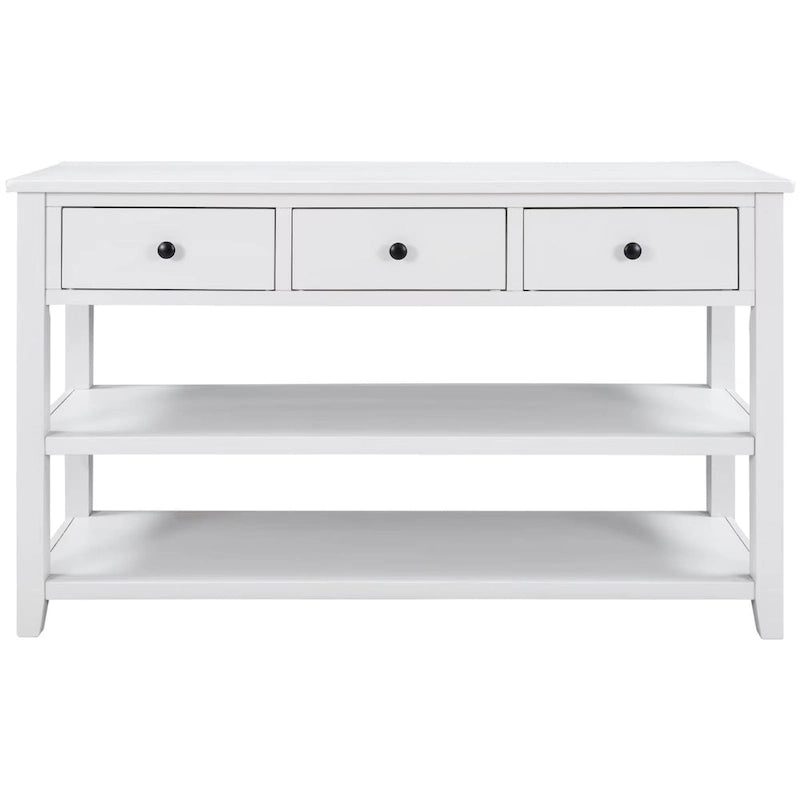 Retro Console Table Sofa Table with 2 Open Shelves and 3 Drawers, Pine Solid Wood Frame and Legs for Living Room, Entryway