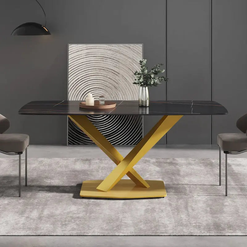 71 Modern Dining Table with Slate Stone Top and Metal Legs, Marble Dining Table
