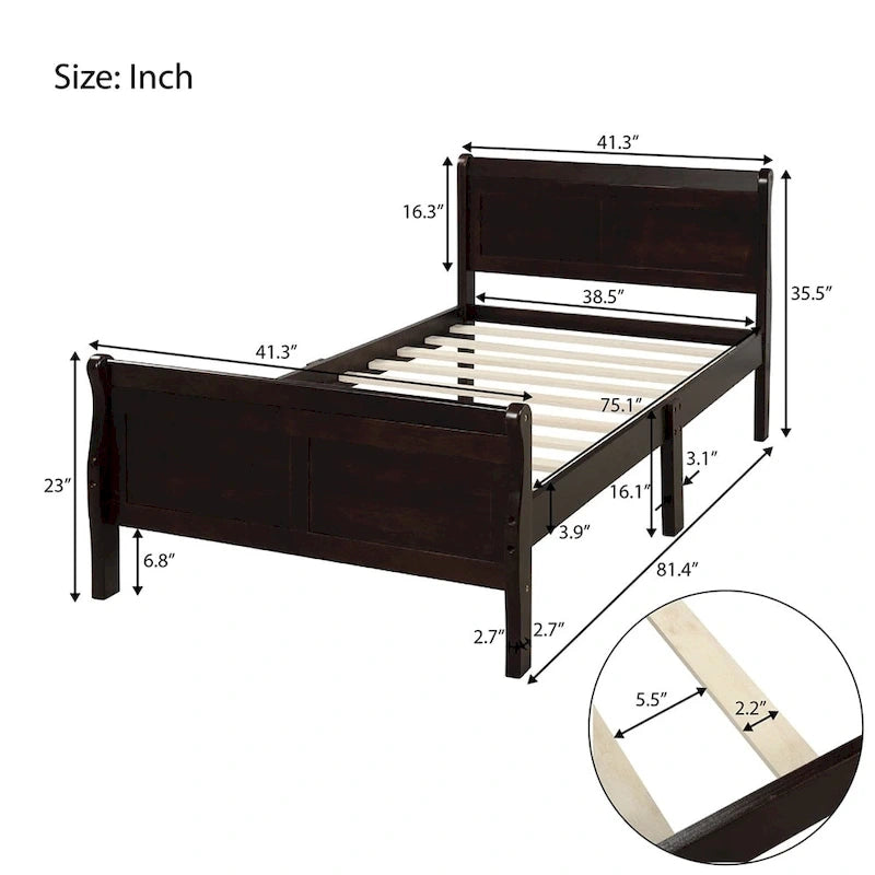 Twin Wood Platform Bed Frame Mattress Foundation Sleigh Bed with Headboard/Footboard/Wood Slat Support