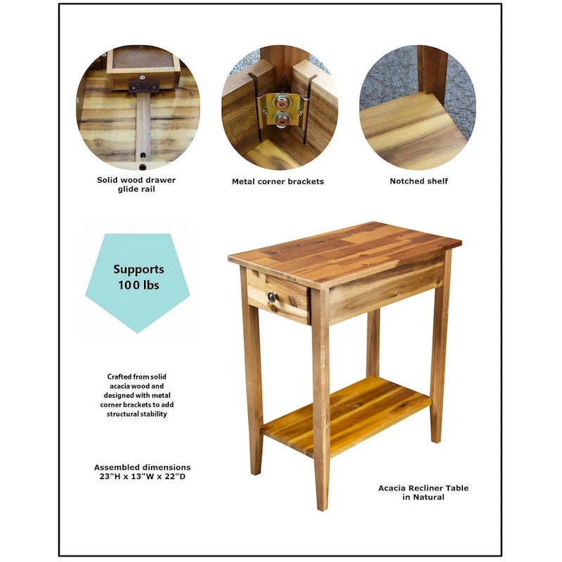 Porch & Den Holly Hill Solid Acacia Recliner End Table