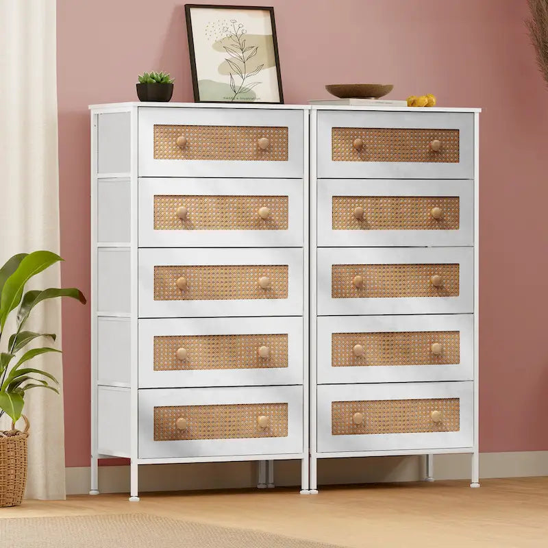 Crestlive Dresser Closet PE Wicker Rattan Storage Tower Organizer Chest of 5 Drawers