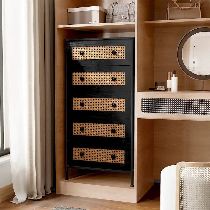 Crestlive Dresser Closet PE Wicker Rattan Storage Tower Organizer Chest of 5 Drawers