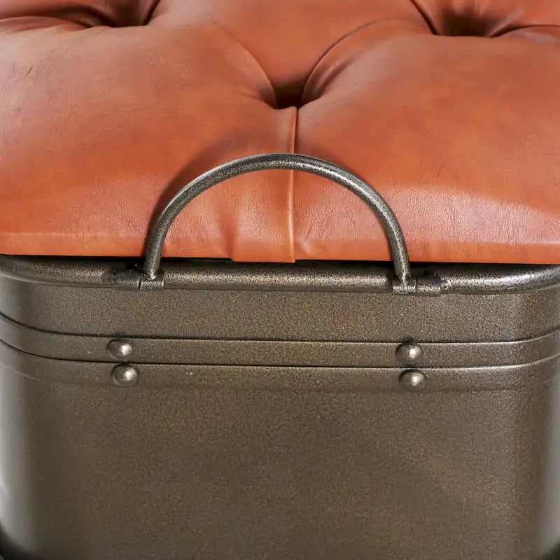 River of Goods Tan Tufted Faux Leather and Distressed Metal 17-inch High Storage Bench