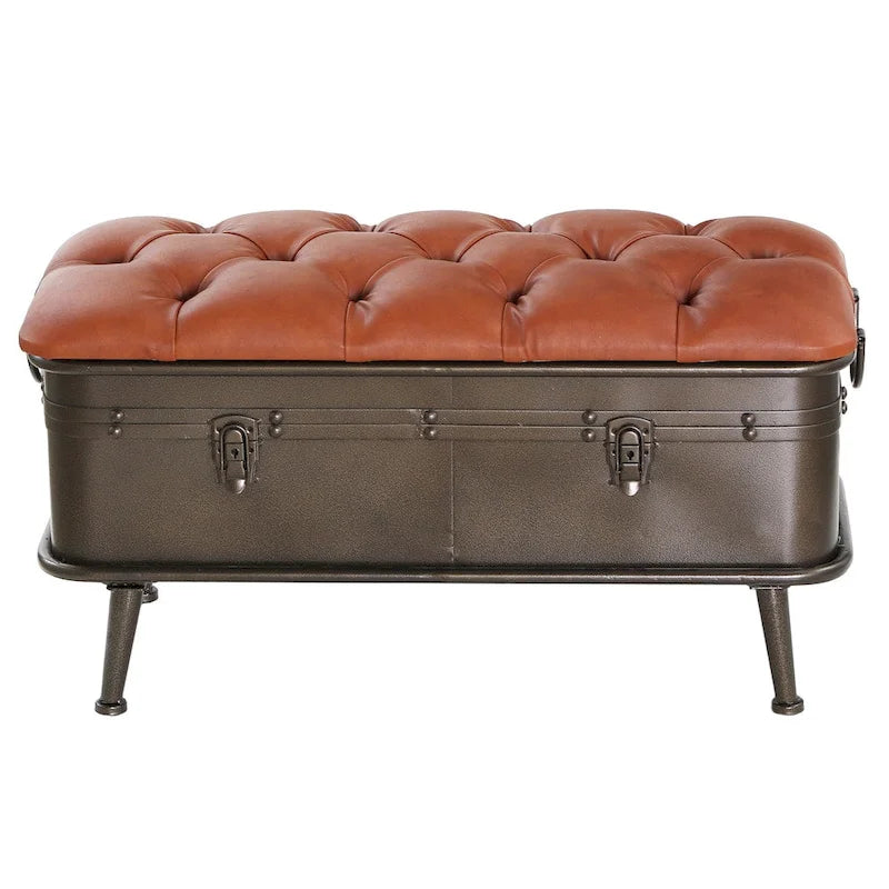 River of Goods Tan Tufted Faux Leather and Distressed Metal 17-inch High Storage Bench