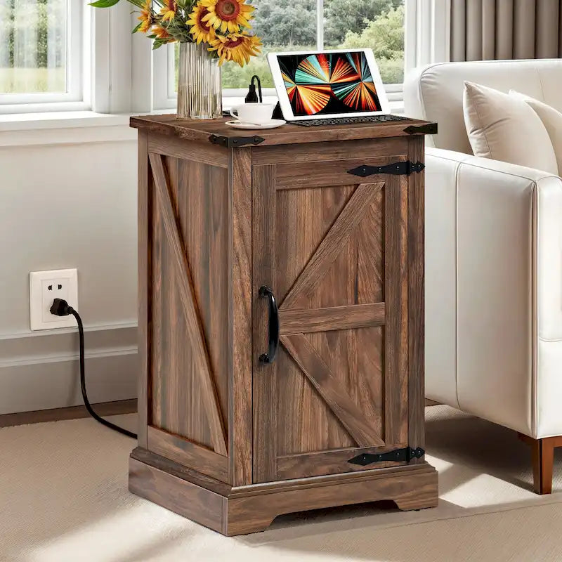 Moasis Farmhouse End Table with Charging Station, End Table with Power Outlets and USB Ports
