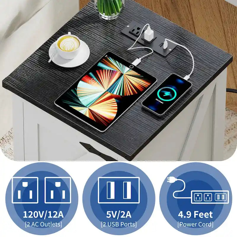 Moasis Farmhouse End Table with Charging Station, End Table with Power Outlets and USB Ports