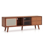 Bamboo TV Stand Console Table with PE Rattan Door & 2 Drawers