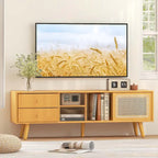 Bamboo TV Stand Console Table with PE Rattan Door & 2 Drawers