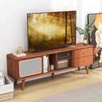 Bamboo TV Stand Console Table with PE Rattan Door & 2 Drawers