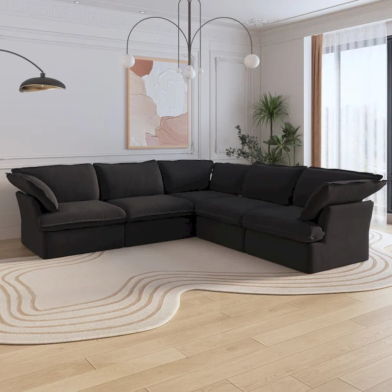 Modern Linen Upholstered Corner Sectional Sofa L-shaped Modular 5-Piece Couch with Ottoman