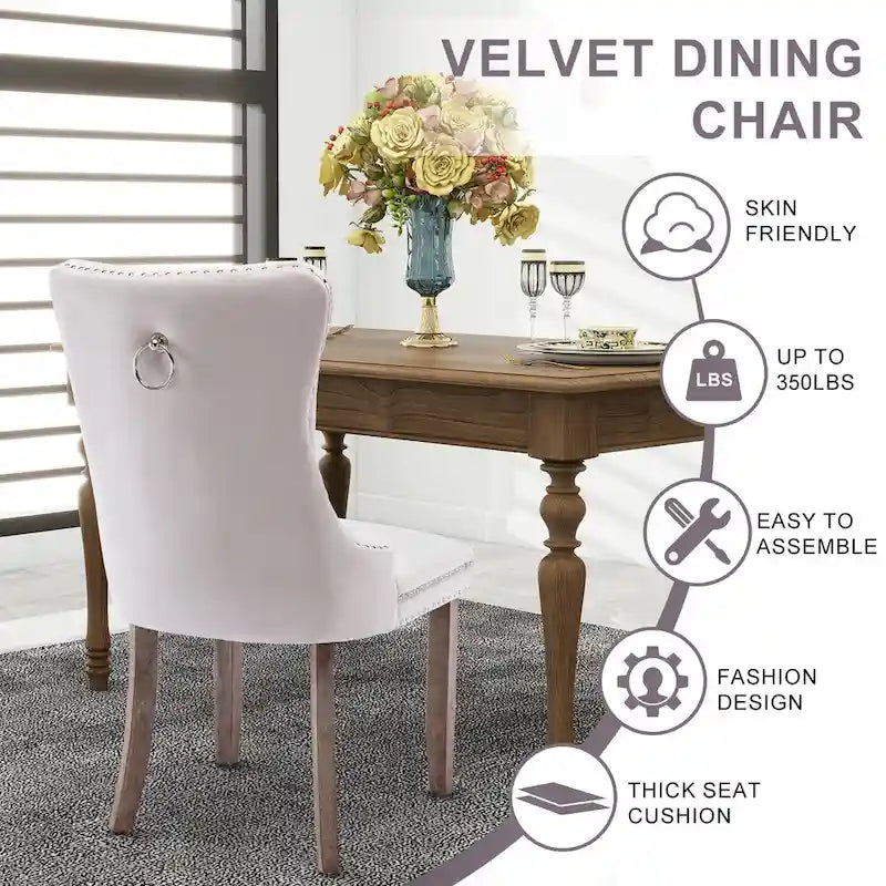 Set of 2 Velvet Dining Chairs,Tufted Solid Wood Armless Chairs Accent Chair with Nailhead Trim and Back Ring Pull - N/A