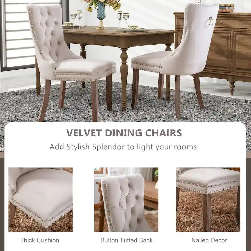 Set of 2 Velvet Dining Chairs,Tufted Solid Wood Armless Chairs Accent Chair with Nailhead Trim and Back Ring Pull - N/A