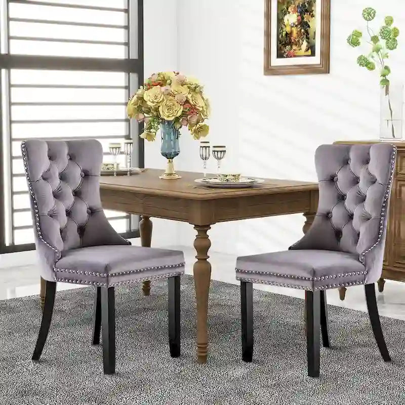 Set of 2 Velvet Dining Chairs,Tufted Solid Wood Armless Chairs Accent Chair with Nailhead Trim and Back Ring Pull - N/A