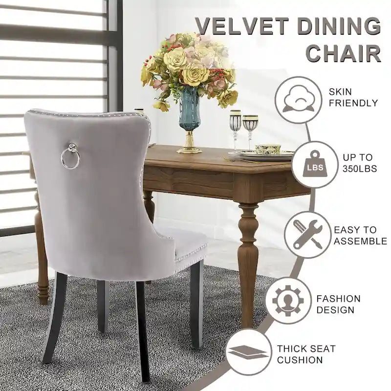 Set of 2 Velvet Dining Chairs,Tufted Solid Wood Armless Chairs Accent Chair with Nailhead Trim and Back Ring Pull - N/A