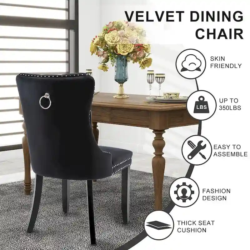 Set of 2 Velvet Dining Chairs,Tufted Solid Wood Armless Chairs Accent Chair with Nailhead Trim and Back Ring Pull - N/A