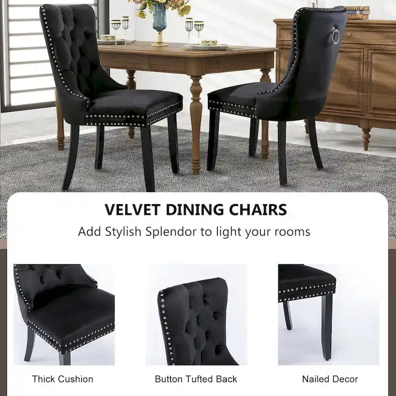 Set of 2 Velvet Dining Chairs,Tufted Solid Wood Armless Chairs Accent Chair with Nailhead Trim and Back Ring Pull - N/A