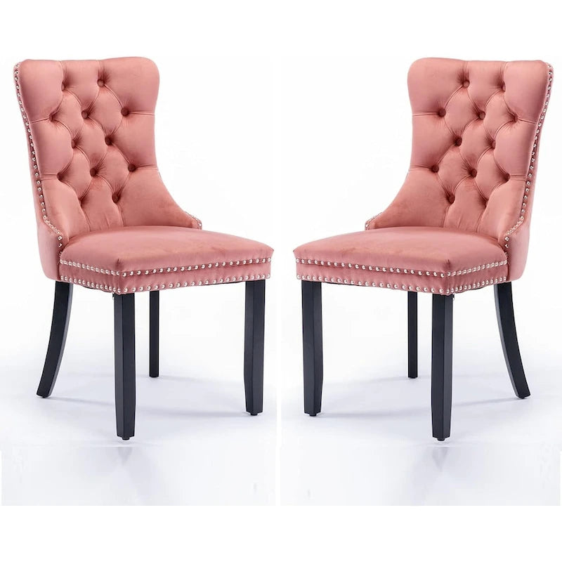 Set of 2 Velvet Dining Chairs,Tufted Solid Wood Armless Chairs Accent Chair with Nailhead Trim and Back Ring Pull - N/A