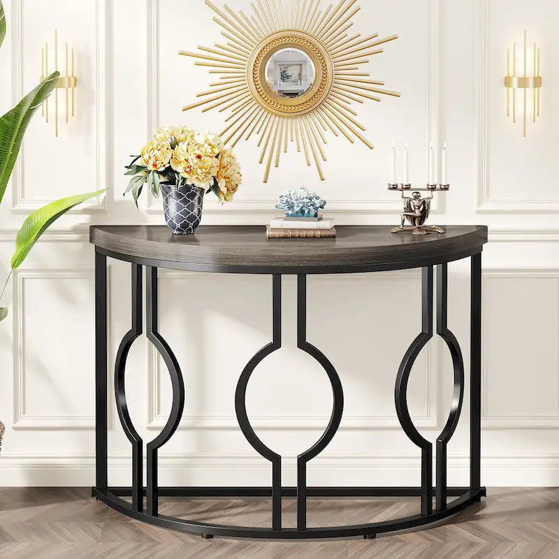 Half Moon Console Table for Entryway, Semi Circle Sofa Table with Geometric Base