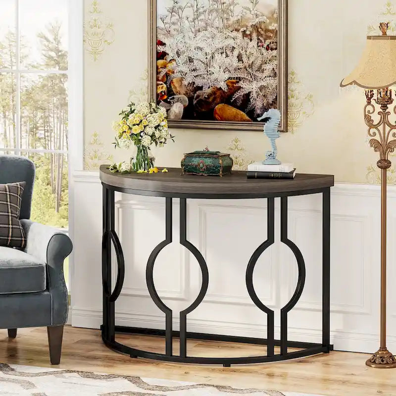 Half Moon Console Table for Entryway, Semi Circle Sofa Table with Geometric Base