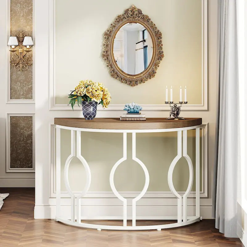 Half Moon Console Table for Entryway, Semi Circle Sofa Table with Geometric Base
