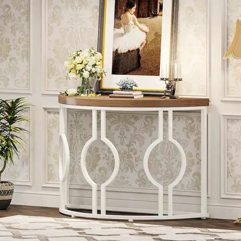 Half Moon Console Table for Entryway, Semi Circle Sofa Table with Geometric Base
