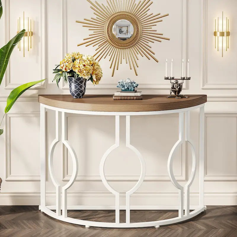 Half Moon Console Table for Entryway, Semi Circle Sofa Table with Geometric Base