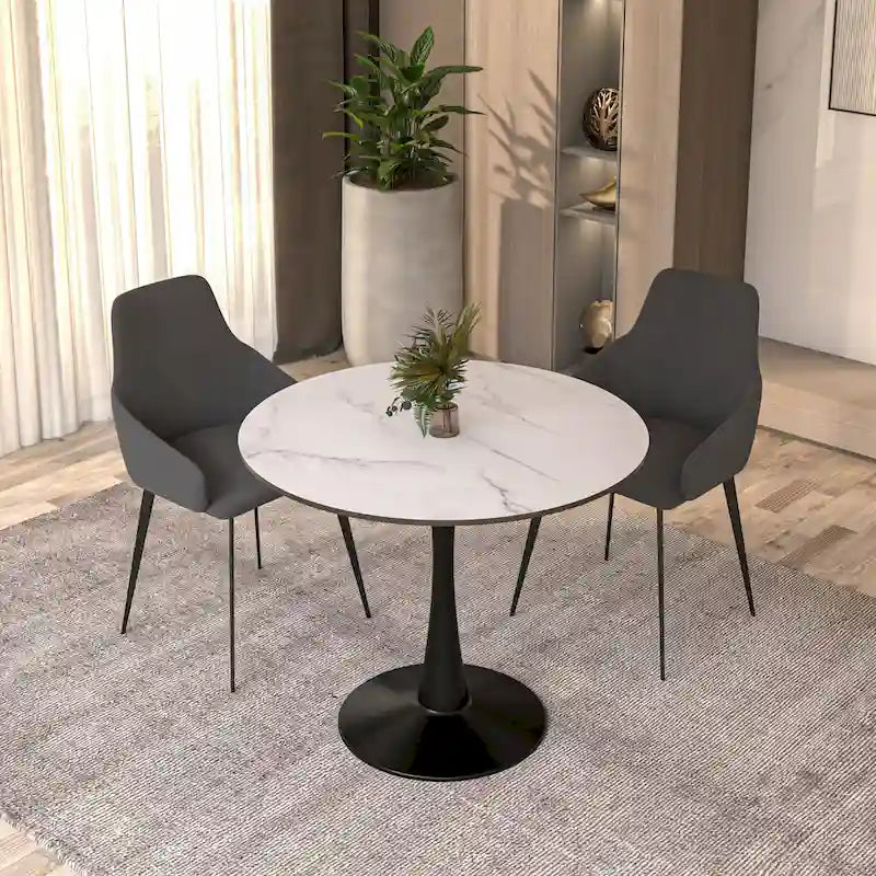 Bristol 35 Inch Mid Century Modern Round Dining Table, Wood Top & Glossy Iron Pedestal Base for Kitchen & Dining Room