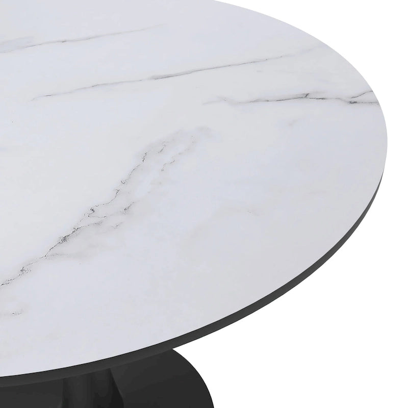 Bristol 35 Inch Mid Century Modern Round Dining Table, Wood Top & Glossy Iron Pedestal Base for Kitchen & Dining Room