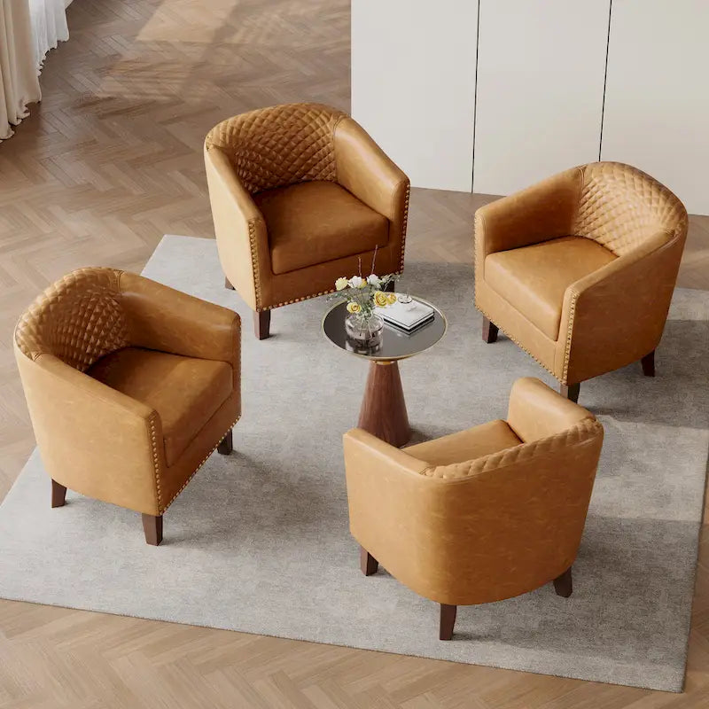 Axia 4 Set Modern Faux Leather Barrel Accent Chair with Wood Legs