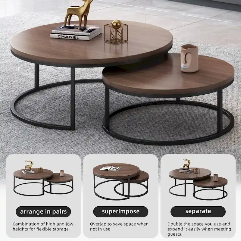 2-piece Round Nesting Tables Modern Wood Gray & Black Round Nesting Coffee Table for Living Room
