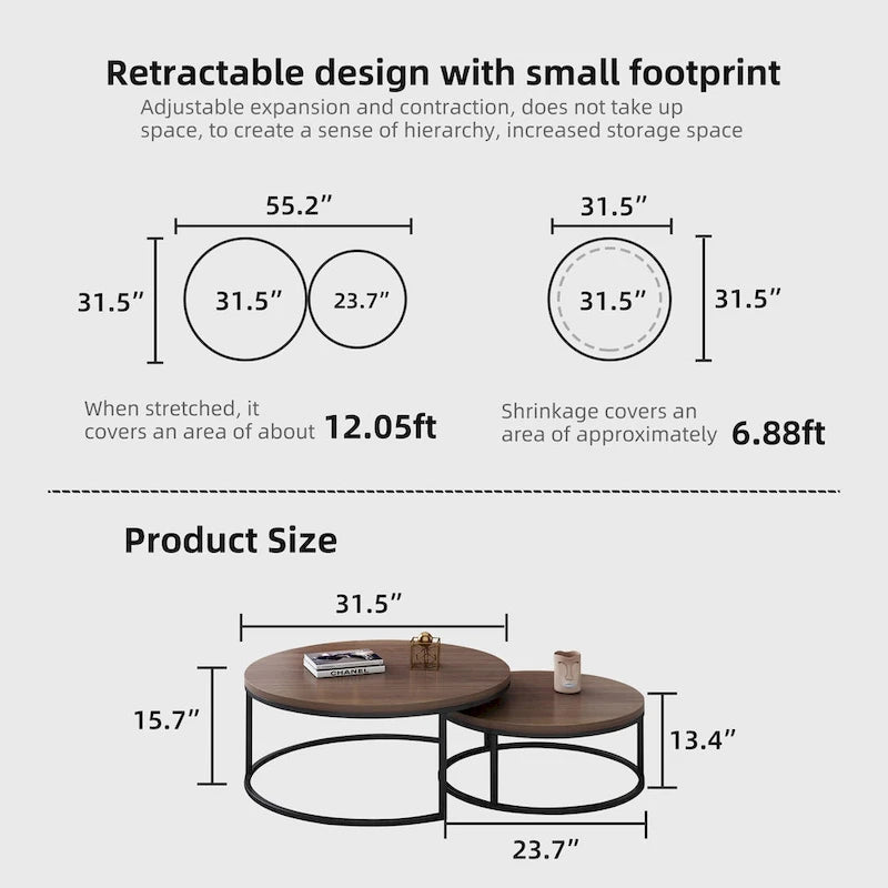 2-piece Round Nesting Tables Modern Wood Gray & Black Round Nesting Coffee Table for Living Room