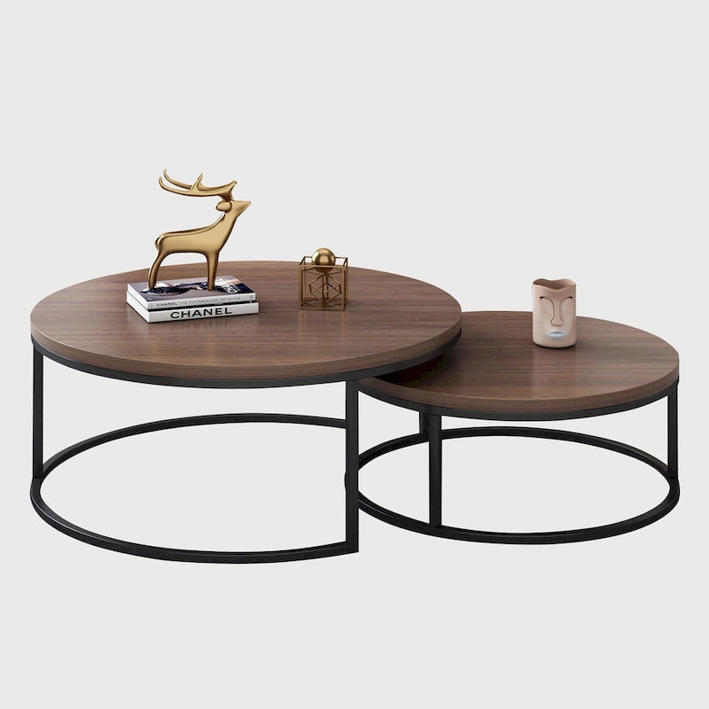 2-piece Round Nesting Tables Modern Wood Gray & Black Round Nesting Coffee Table for Living Room