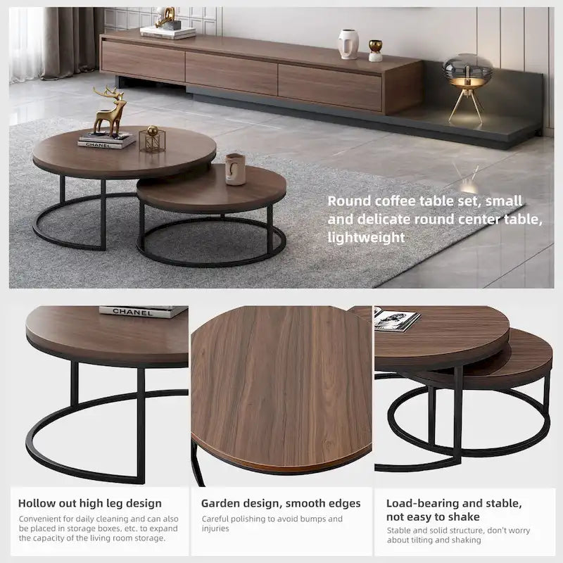 2-piece Round Nesting Tables Modern Wood Gray & Black Round Nesting Coffee Table for Living Room