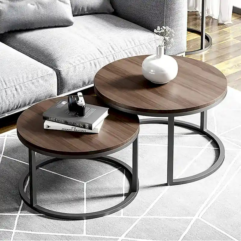 2-piece Round Nesting Tables Modern Wood Gray & Black Round Nesting Coffee Table for Living Room