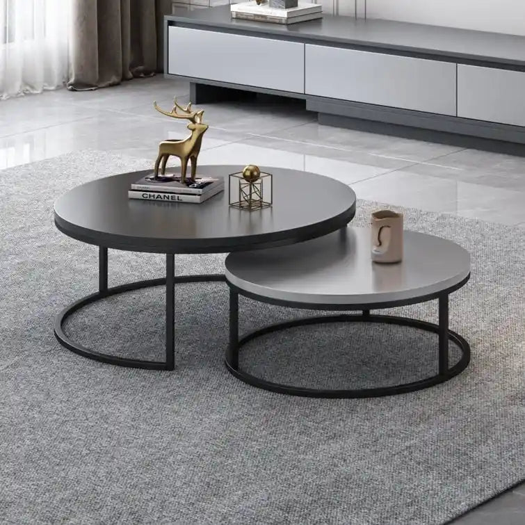 2-piece Round Nesting Tables Modern Wood Gray & Black Round Nesting Coffee Table for Living Room