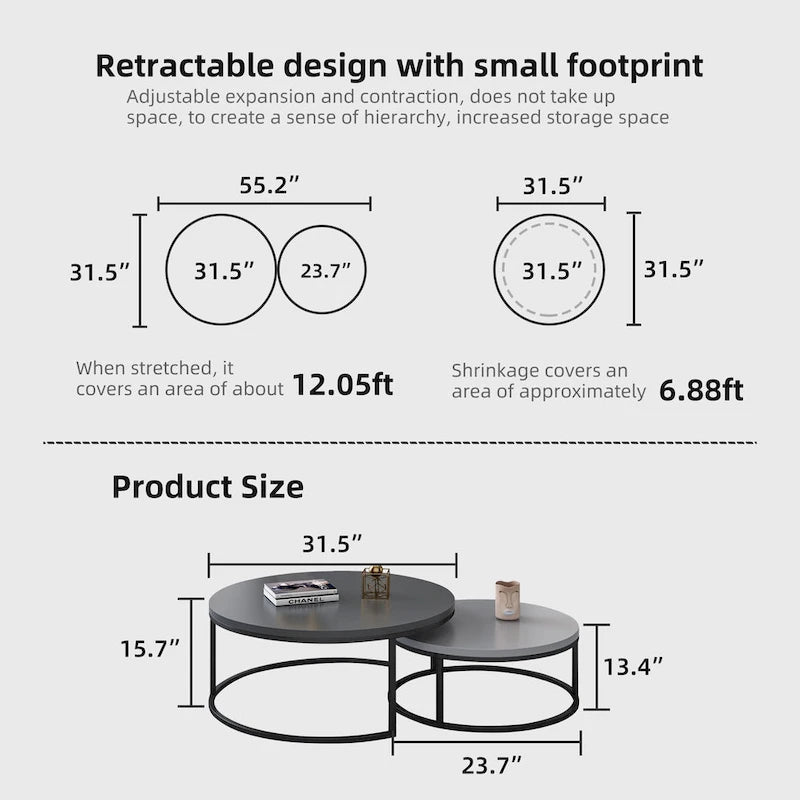 2-piece Round Nesting Tables Modern Wood Gray & Black Round Nesting Coffee Table for Living Room
