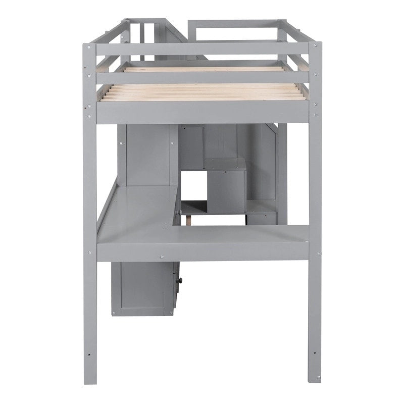 Twin Size Loft Bed with L-Shaped Desk and Drawers, Cabinet and Storage Staircase