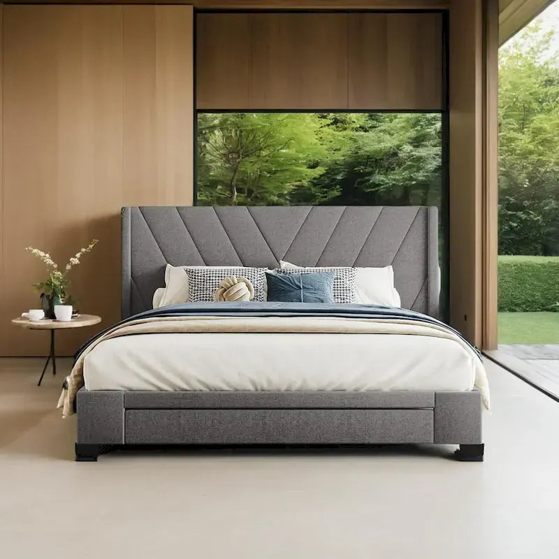 Queen Size Storage Bed Linen Upholstered Platform Bed with 3 Drawers
