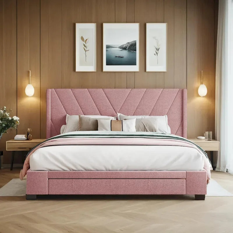 Queen Size Storage Bed Linen Upholstered Platform Bed with 3 Drawers