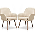 Set of 2 Fabric Dining Chairs Upholstered Arm Chair with Wood Legs