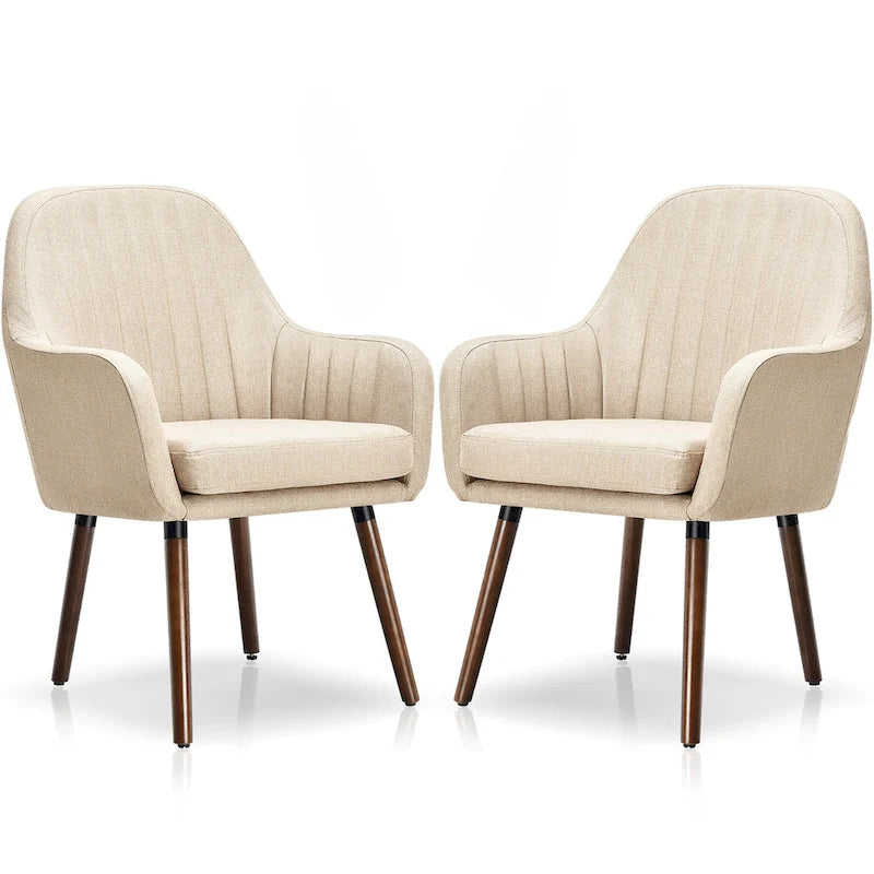 Set of 2 Fabric Dining Chairs Upholstered Arm Chair with Wood Legs