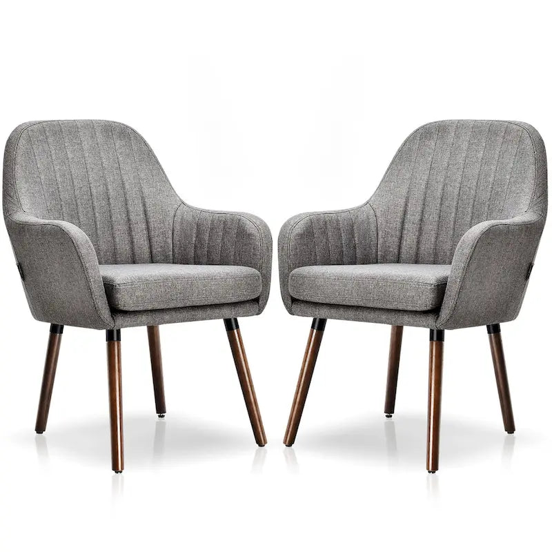 Set of 2 Fabric Dining Chairs Upholstered Arm Chair with Wood Legs