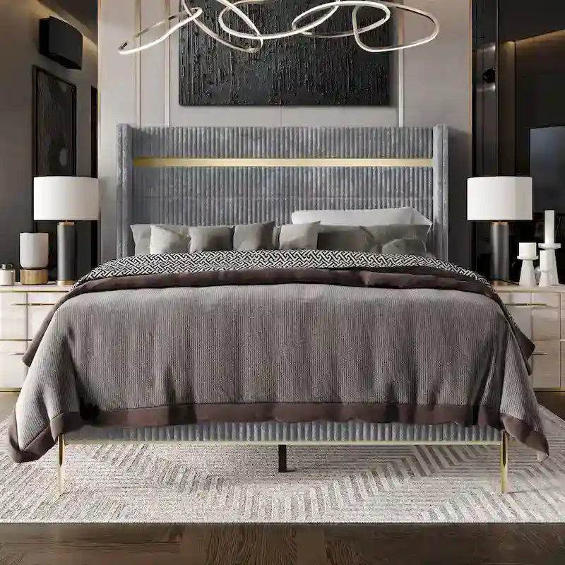 CraftPorch Corduroy Luxurious Gold PU Strip Wingback Velvet Upholstered Bed