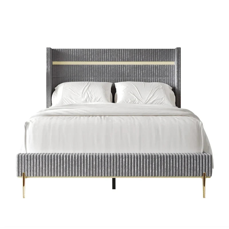 CraftPorch Corduroy Luxurious Gold PU Strip Wingback Velvet Upholstered Bed