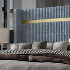 CraftPorch Corduroy Luxurious Gold PU Strip Wingback Velvet Upholstered Bed