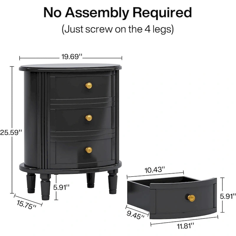 Fully Assembled Nightstand with 3 Drawers
