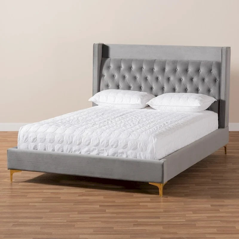 Contemporary Velvet Upholstered Tufted Glam Platform Bed